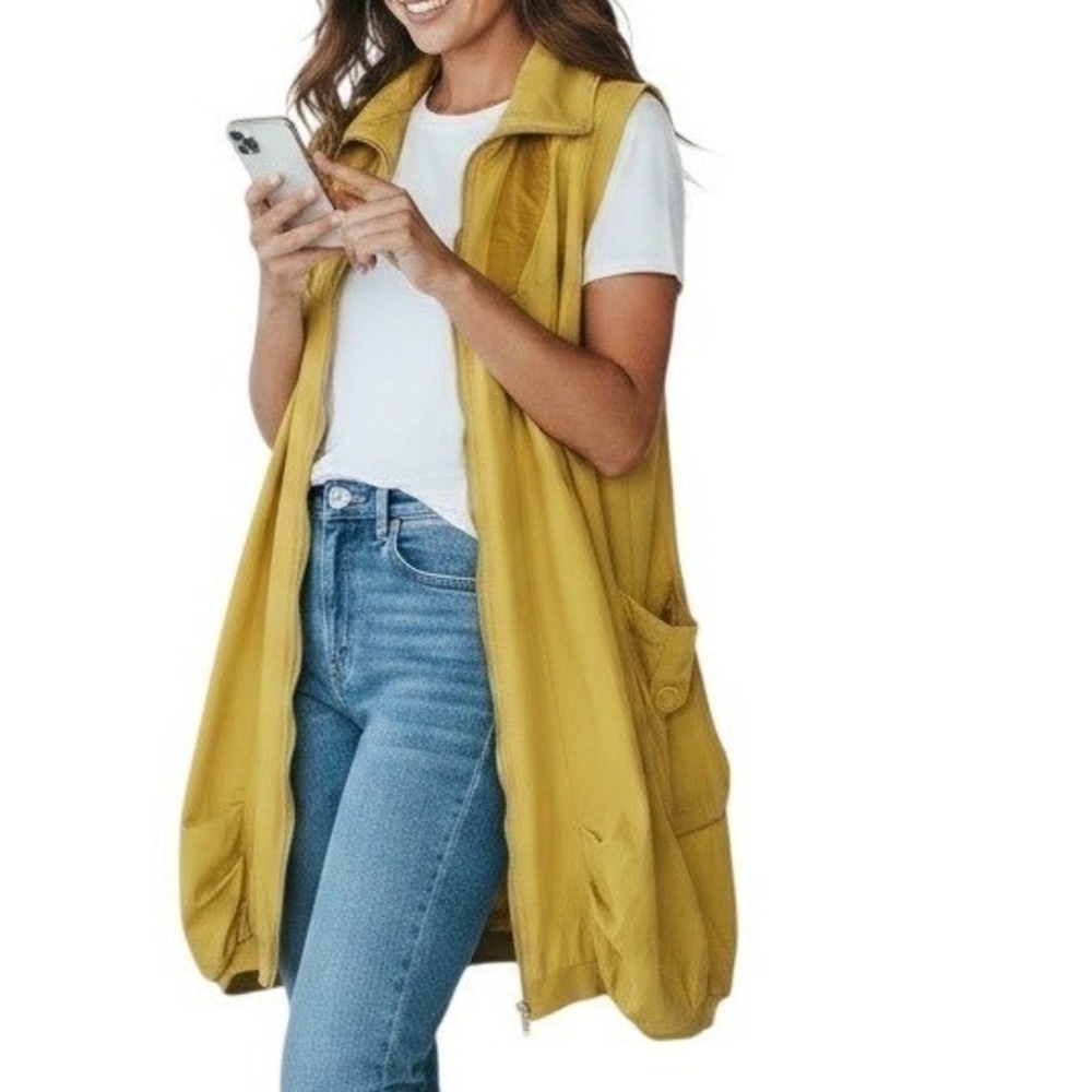 Style Longline Zip Up Vest/Dress Women's Large Mustard Yellow Utility Gorpcore
